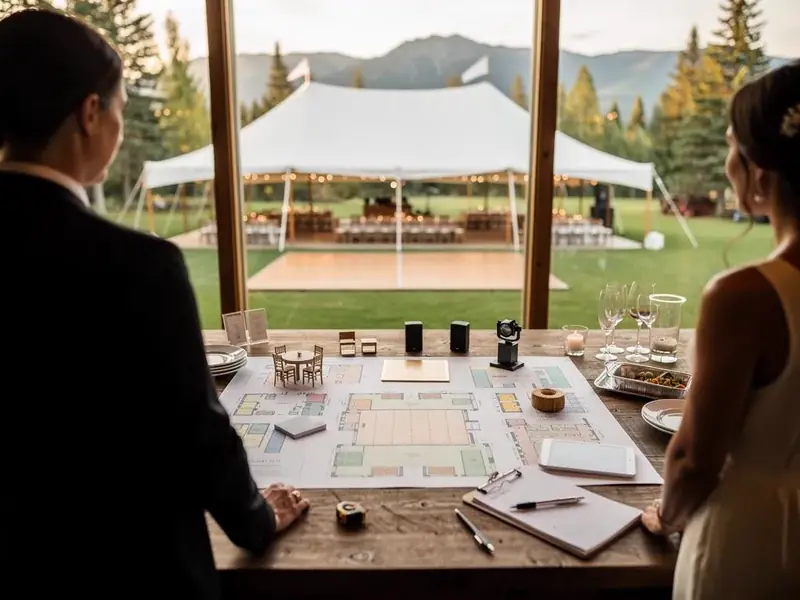 Event layout plans and a notebook on a table with a white tent and dance floor seen through the window