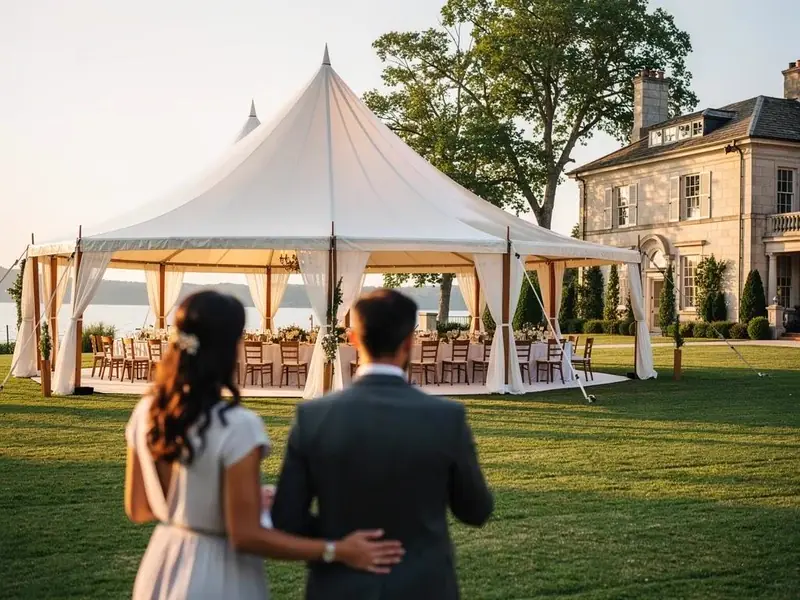 High-peak white tent with draped legs on a lawn in front of a large stone house
