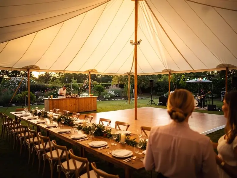Inside a glowing sailcloth tent with a wood dance floor, long tables, a bar and band gear