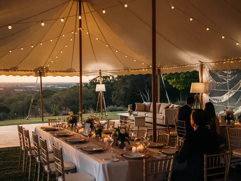 Long table with gold chairs and string lights under an open-sided sailcloth tent at dusk