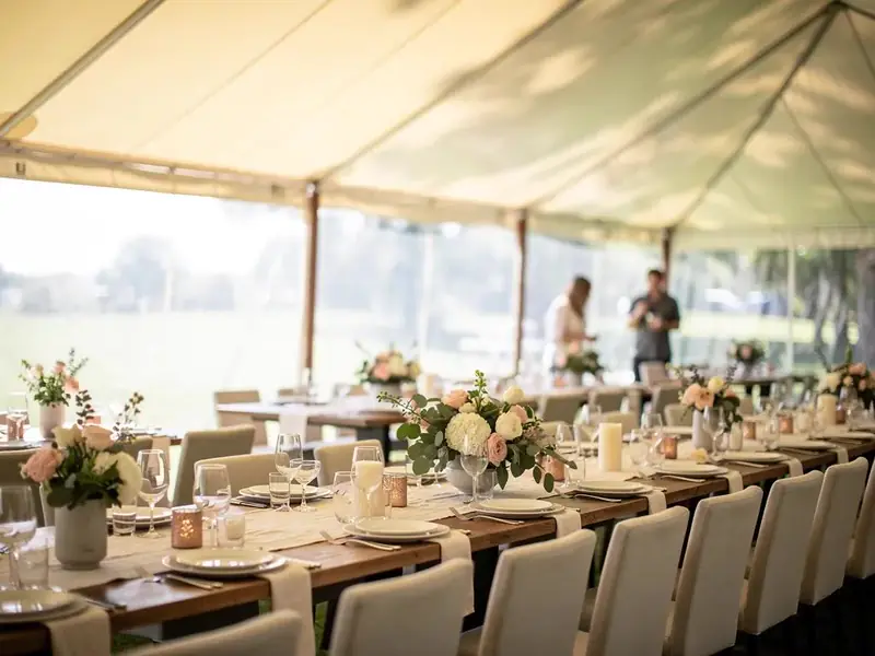 Long wood tables with white place settings, flowers and slipcovered chairs under an open canopy
