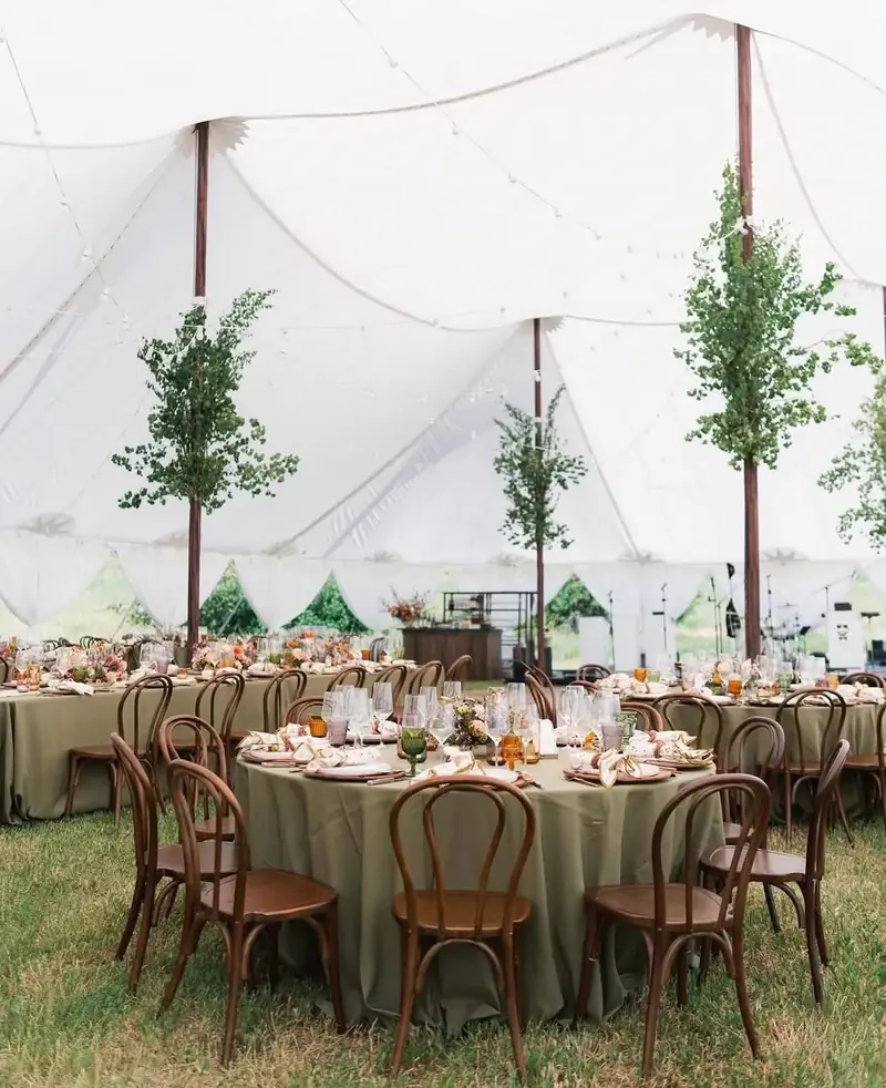 Round tables in sage green cloths with dark bentwood chairs inside a tall white tent on grass