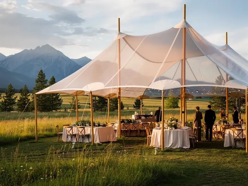 Sailcloth tent with wood poles and string lights in a meadow at golden hour with mountains behind