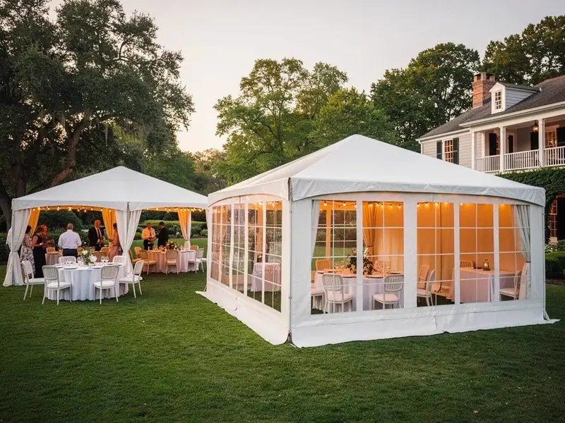 Two lit white frame tents with tables and chairs on a lawn at dusk