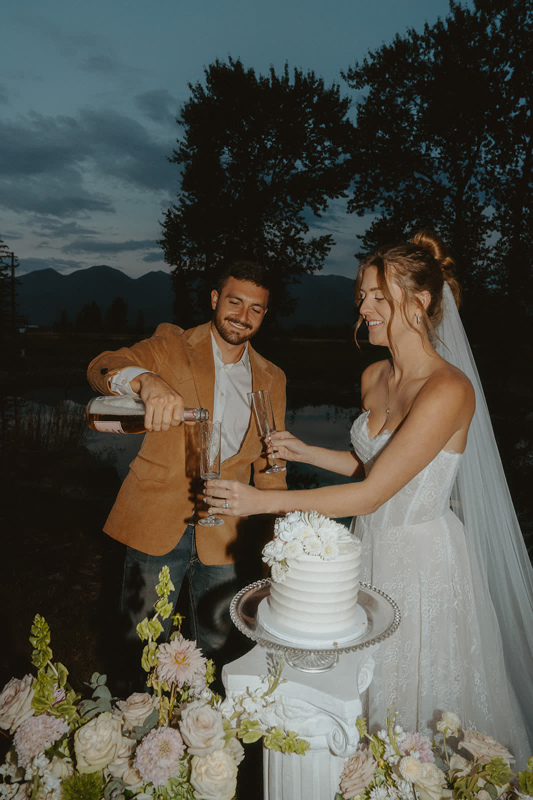 Champagne poured at golden hour