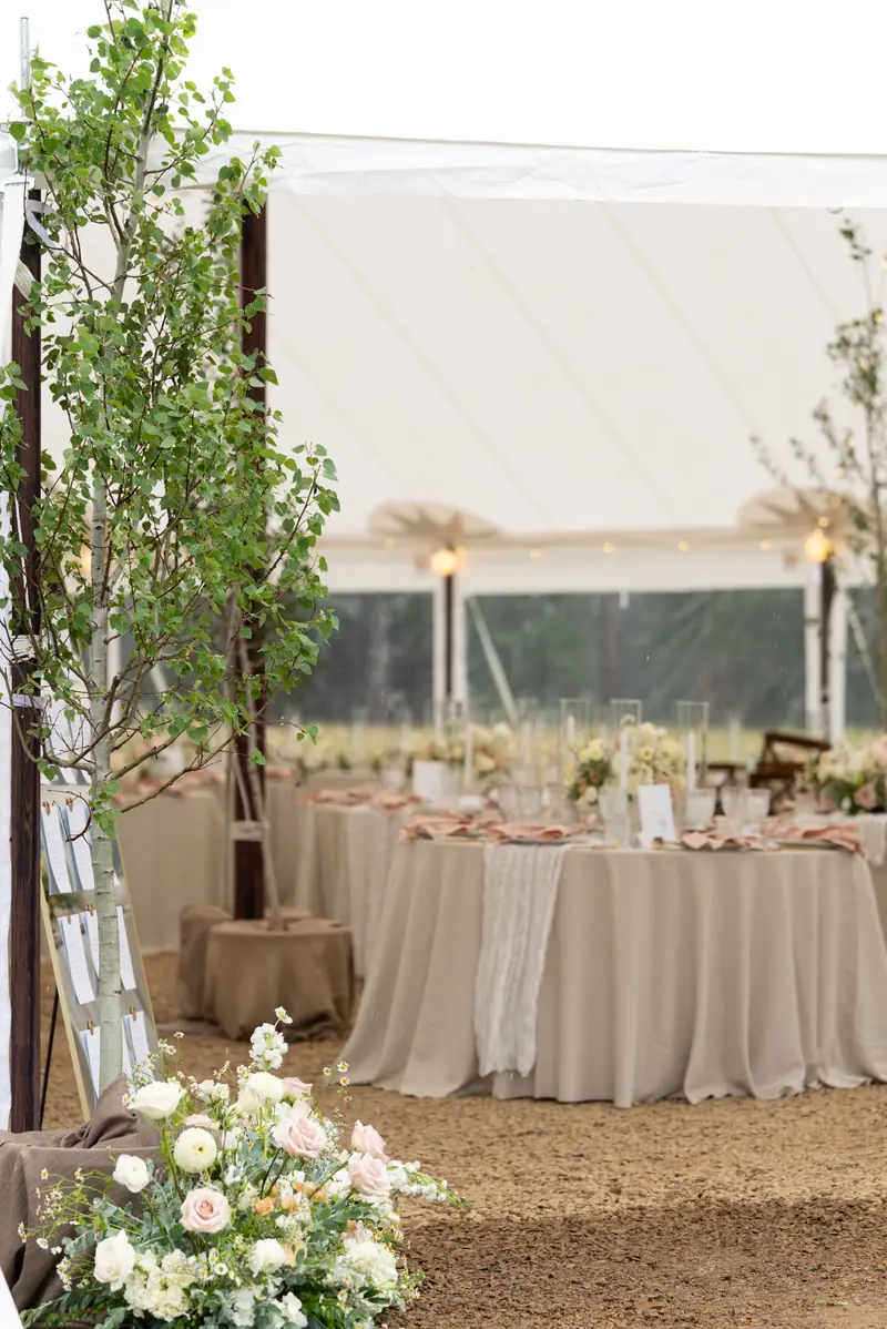 The entrance of a white event tent framed by potted trees and white flowers on gravel