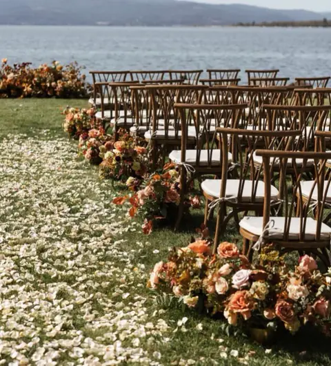 Wooden chairs and flowers line a grass aisle covered in white petals next to a lake with distant mountains