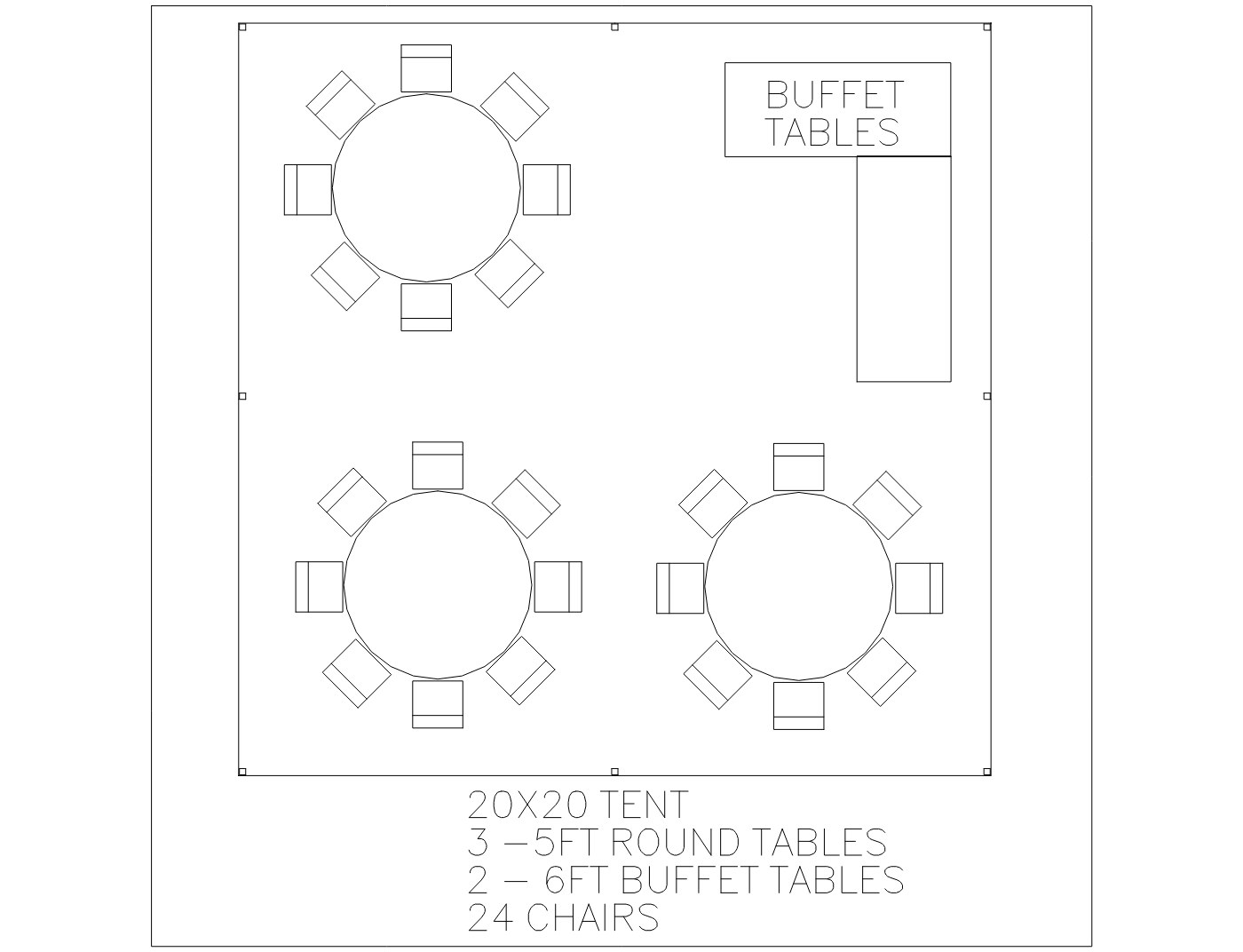 Floor plan for the 20×20 Tent, showing table and chair placement