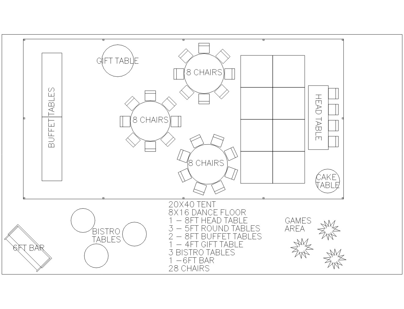 Floor plan for the 20×40 Tent with Dance Floor, showing table and chair placement