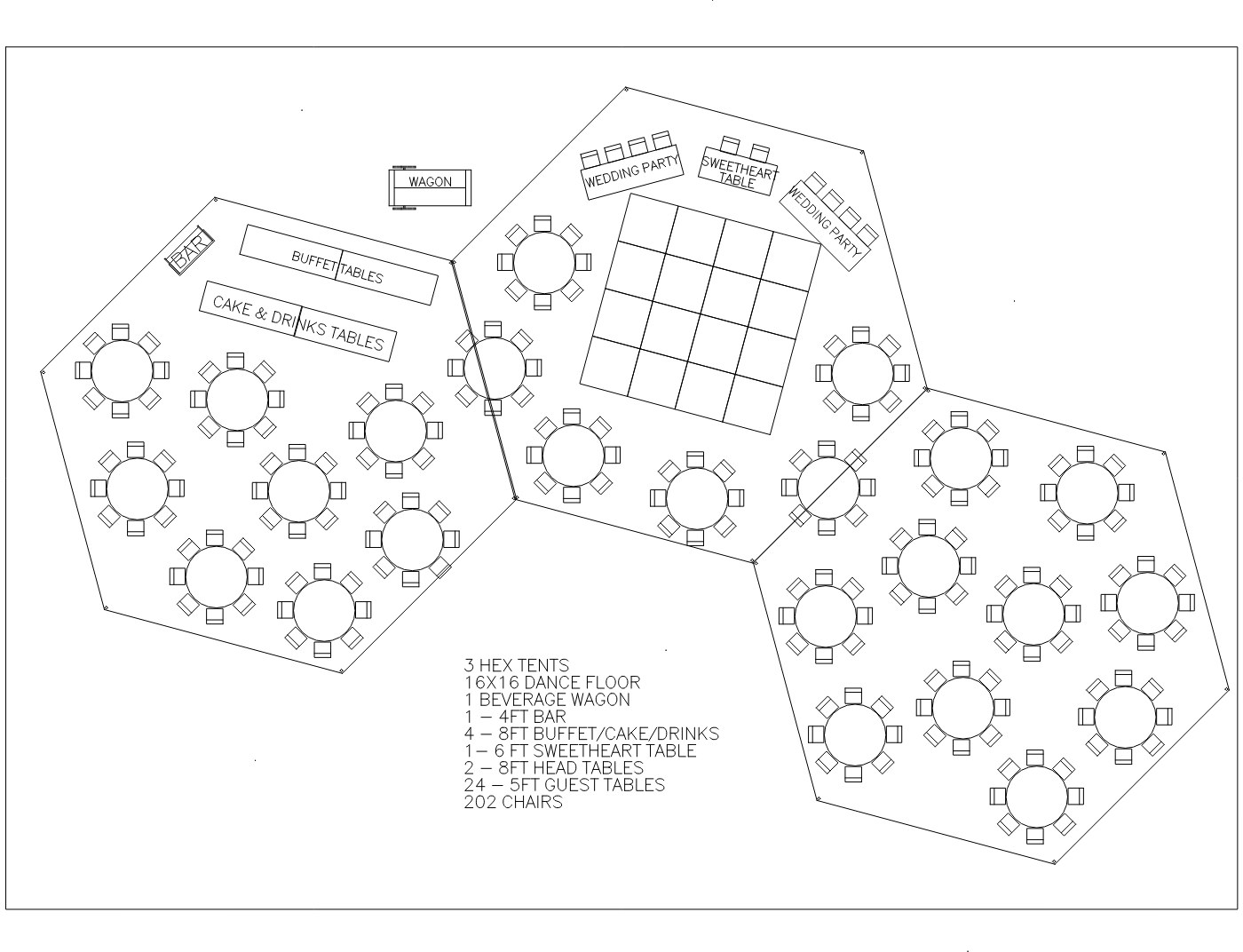 Floor plan for the Three Hexagon Tents, showing table and chair placement