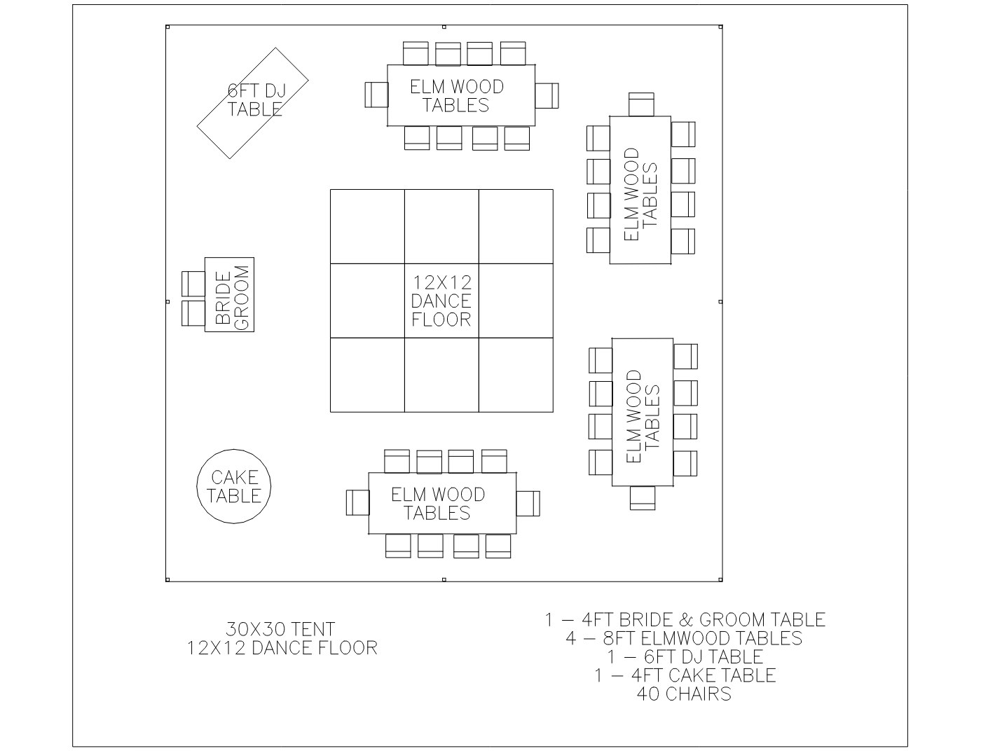 Floor plan for the 30×30 Tent with Elm Wood Tables, showing table and chair placement