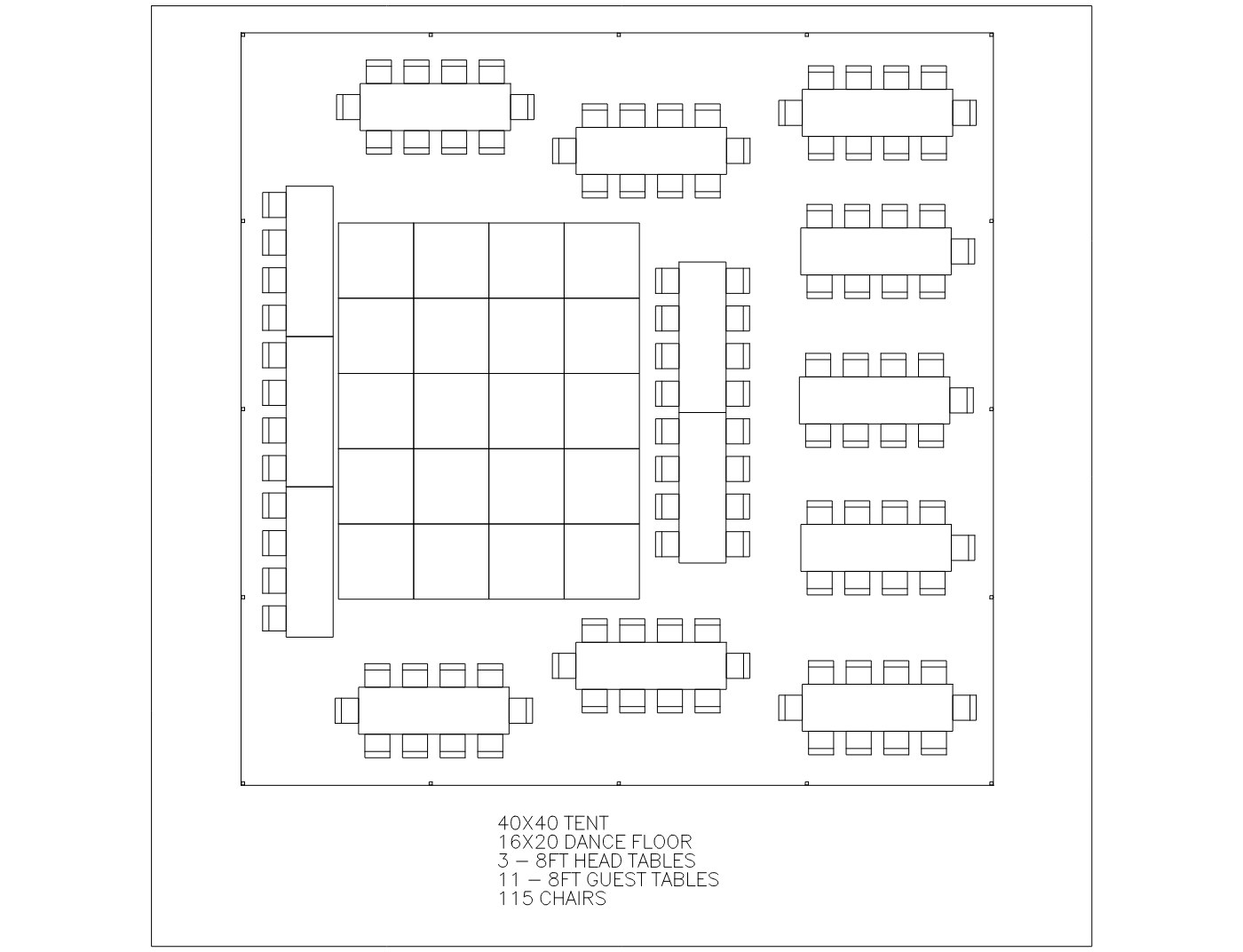 Floor plan for the 40×40 Tent with Dance Floor, showing table and chair placement