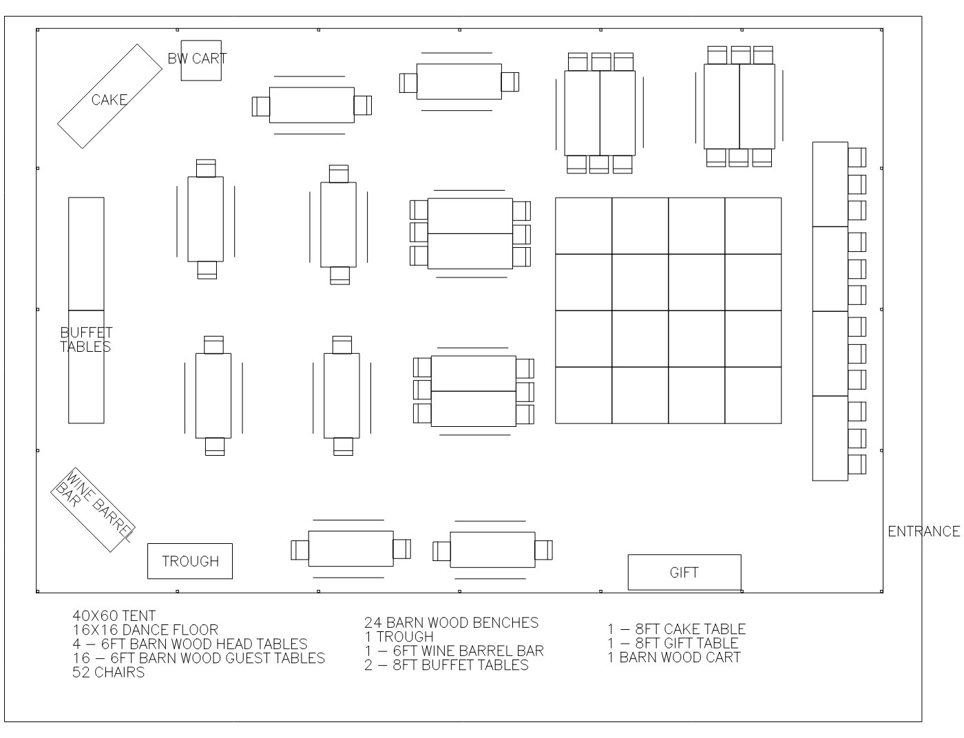 Floor plan for the 40×60 Tent in Barn Wood, showing table and chair placement