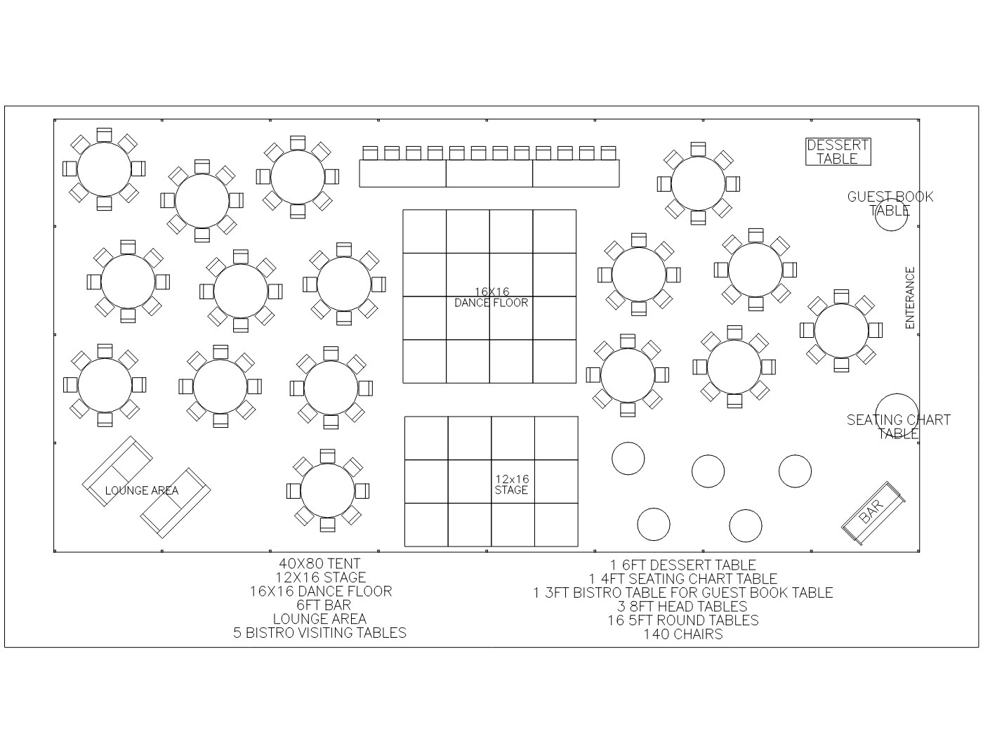 Floor plan for the 40×80 Tent with Stage and Dance Floor, showing table and chair placement