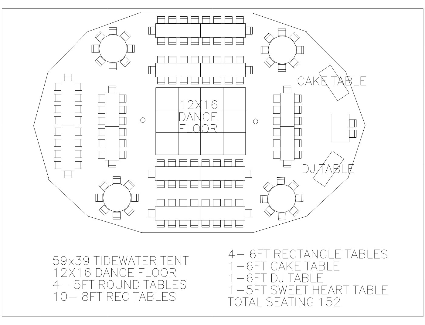 Floor plan for the 59×39 Tidewater Tent, Mixed Seating, showing table and chair placement