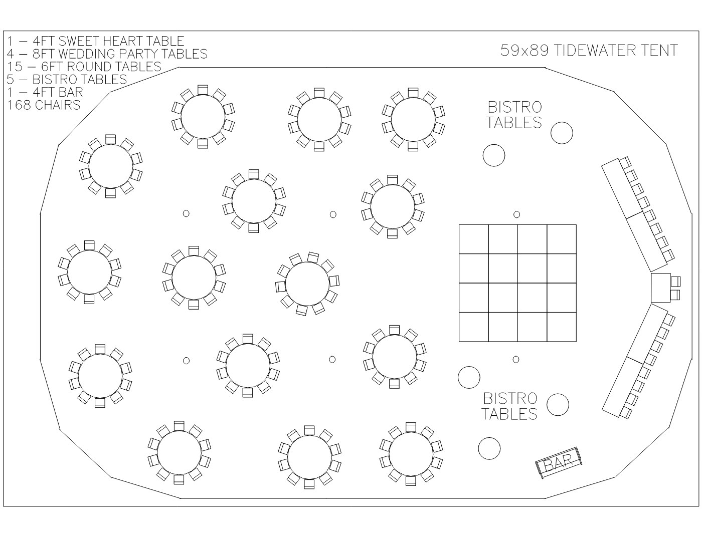 Floor plan for the 59×89 Tidewater Tent with Round Tables, showing table and chair placement