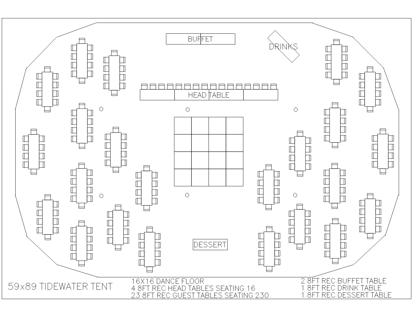 Floor plan for the 59×89 Tidewater Tent with Long Tables, showing table and chair placement