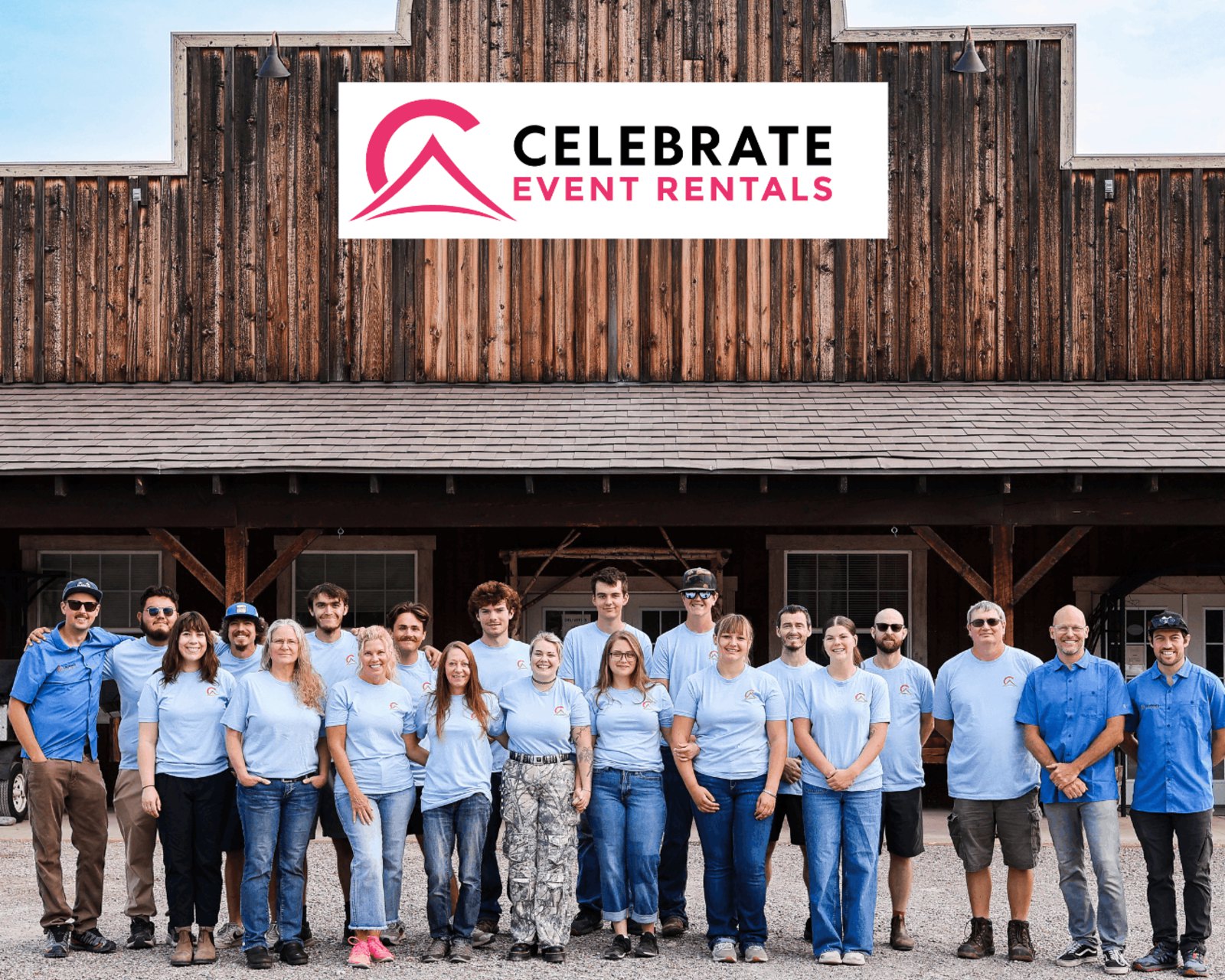 The full Celebrate Event Rentals crew outside the barn office